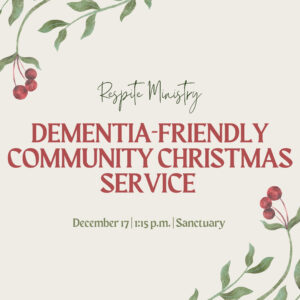 Join us for a special Christmas service designed with our dementia-friendly community in mind. We will gather in the beautiful sanctuary of First United Methodist Church to experience the peace and joy of the season. With beloved music, and familiar holiday sights and sounds, this service welcomes everyone to share in the spirit of Christmas.